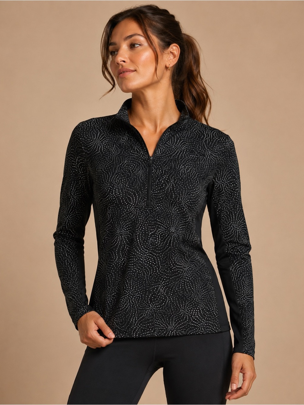 Monterey Bay Black Long-Sleeve Zip Neck Top with Silver Dot Print